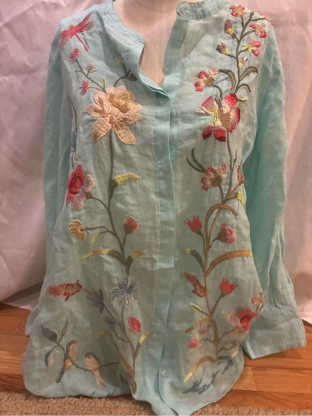 Johnny Was Genevieve Tunic Light Blue/Teal Floral Embroidered Flowers/ Birds